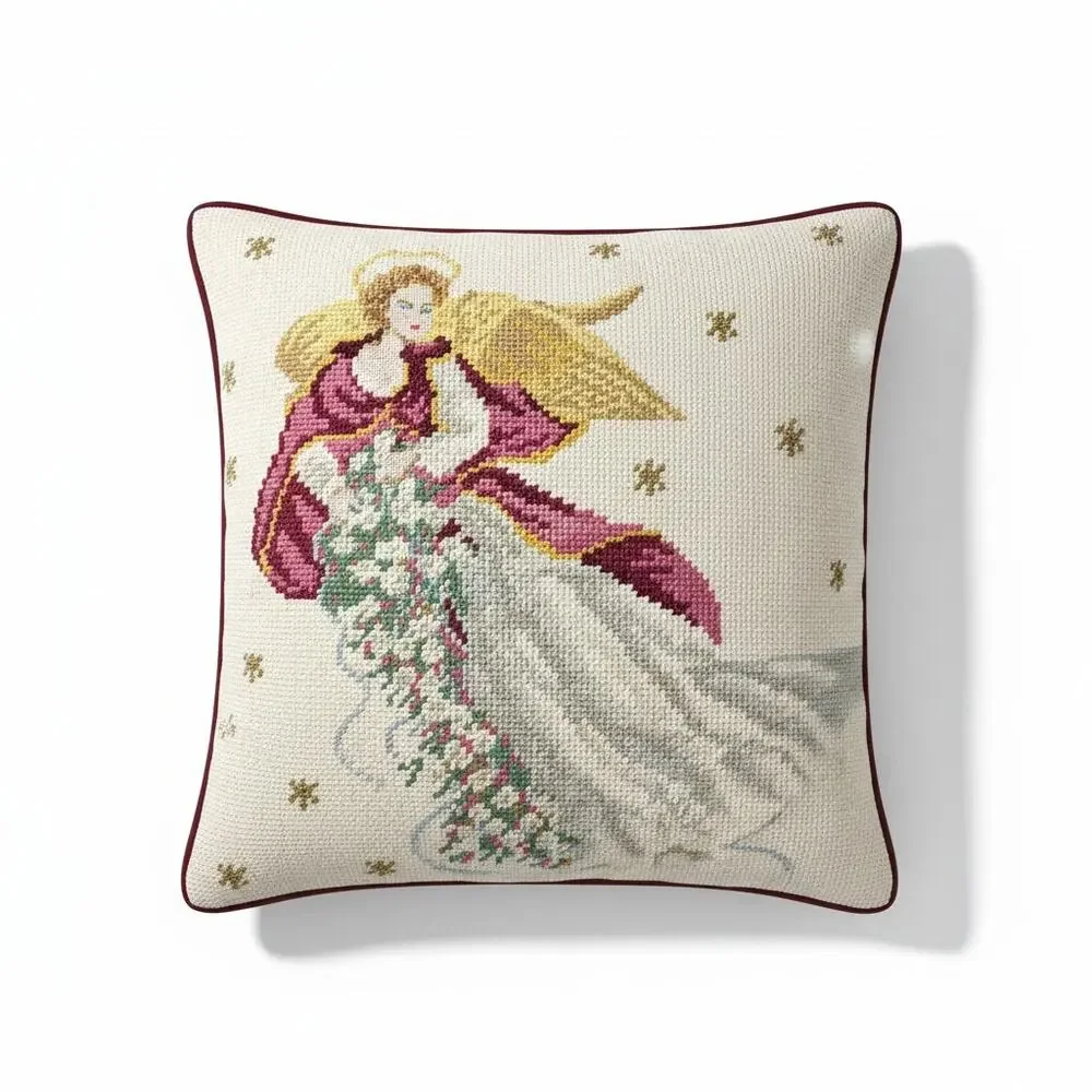 Vintage Handmade Angel Needlepoint Pillow Christmas Holiday Tradtional 13x13